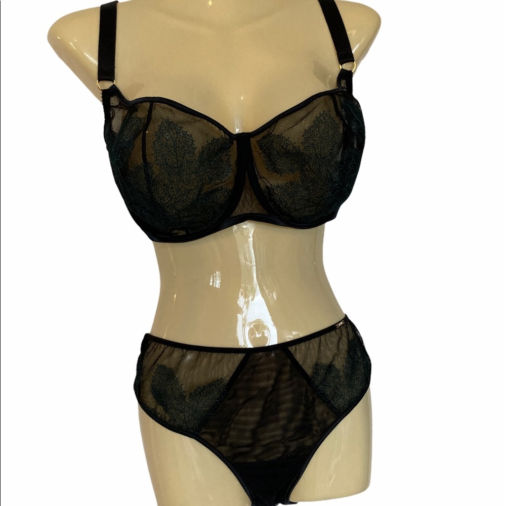Ajour Luxury Lingerie Bra And Panty Set Sexy Black Green Embroidery Romantic Fun - Picture 14 of 14